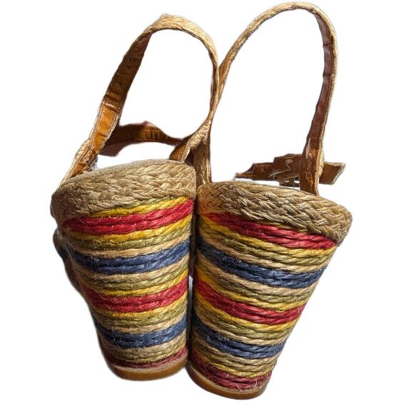 Vtg 1970s Socialites Rainbow Jute Buckling Ankle Strap Espadrille Sandals Sz 6 - Picture 3 of 5
